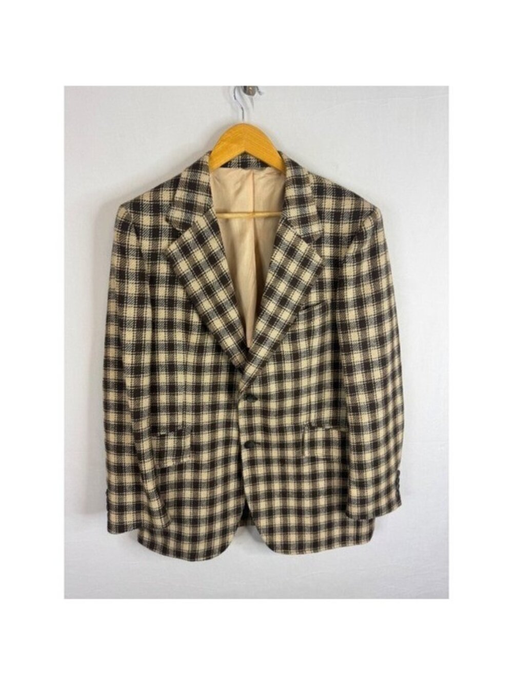 Vintage 70s Tip Top Wool Blend Plaid Blazer Sport Coat Brown Cream 44 Reg